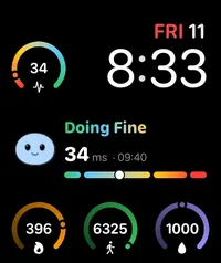 Apple Watch face showing stress, HRV, energy, steps, and water complications