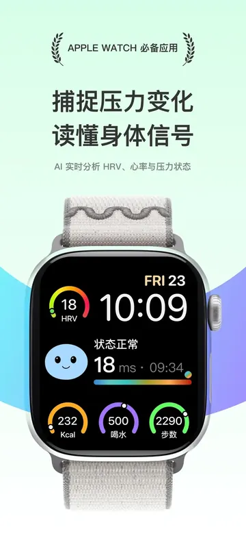 Apple Watch 压力监测表盘,显示当日压力水平